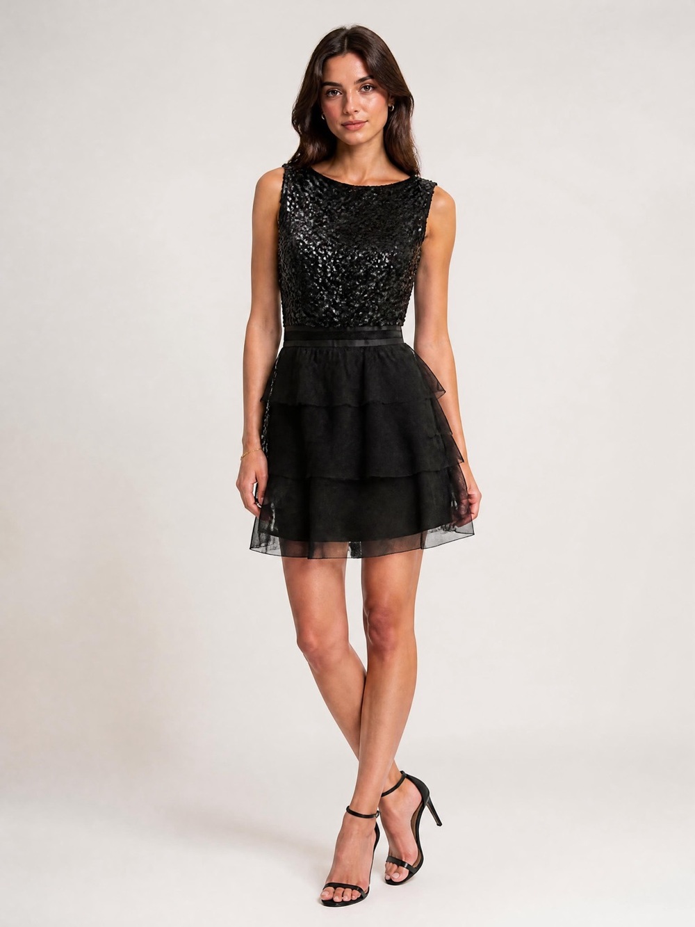 Black Sequin Bodice Tiered Chiffon Prom Dress